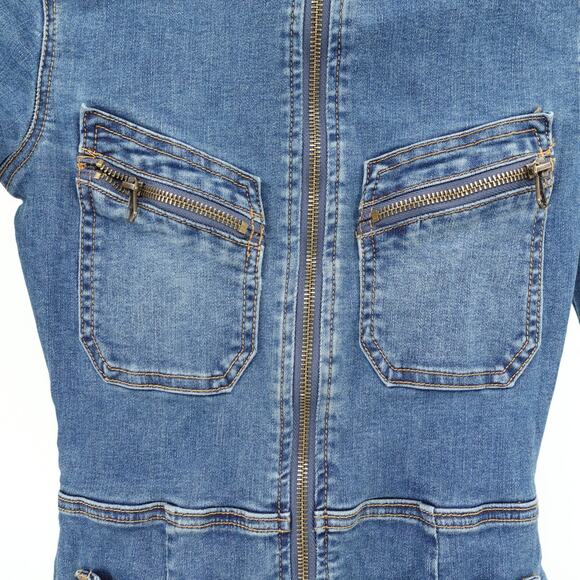 Free People Denim Jumpsuit SZ XS Zip Up Long Sleeve Collared Workwear Utility - Picture 2 of 11